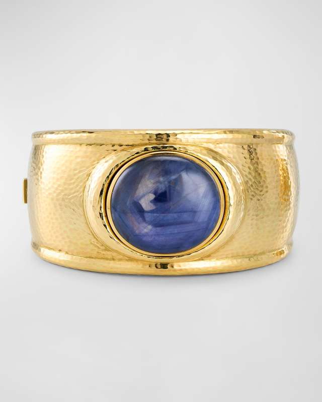 Estate De Vroomen 18K Yellow Gold Cabochon Sapphire Wide Hammered Bangle